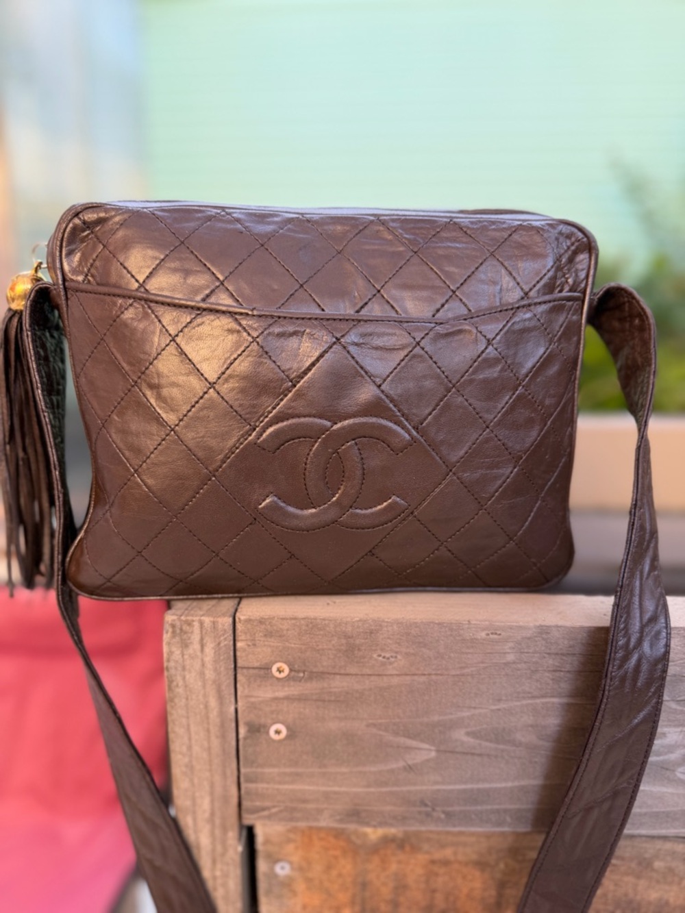 CHANEL Quilted Leather shoulder Bag in Brown with Tassel
